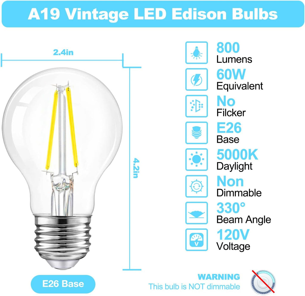 A19 Vintage LED Edison Bulbs, 60W Equivalent Light Bulbs, 5000K Daylight White, Clear Glass Filament Bulb, Efficient