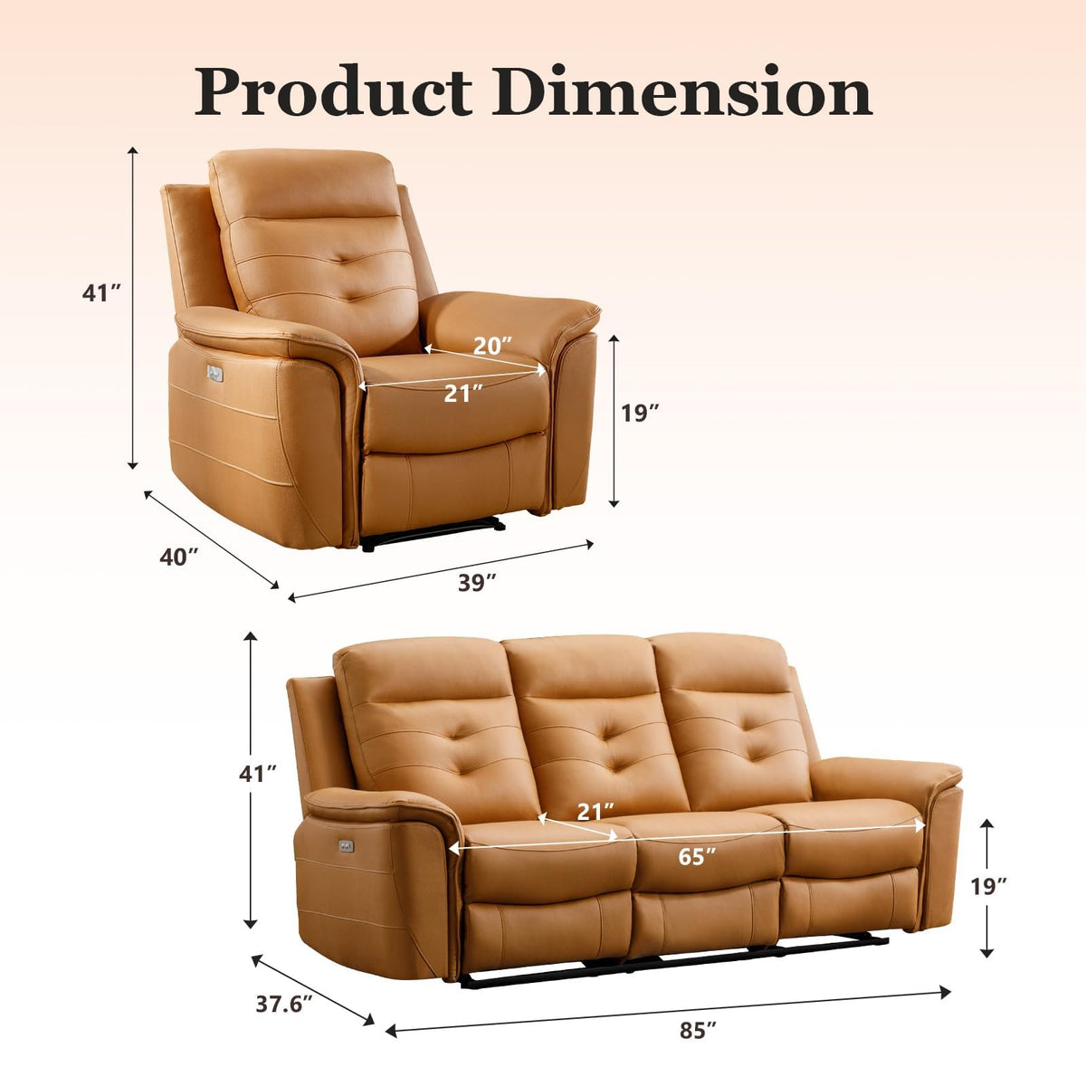 2 Piece Power Faux Leather Recliner Sofa Set, Reclining Living Room Furniture Set, Included Recliner Chair and 3 Seat
