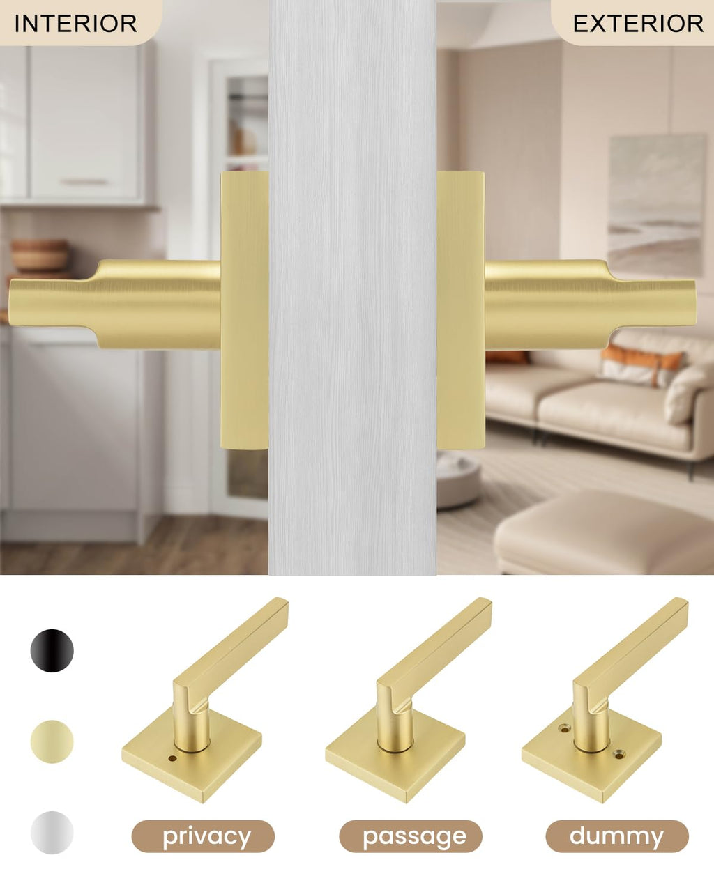 Brushed Gold Door Handles Interior Dummy Door Handles, 3 Pack/6 Pcs