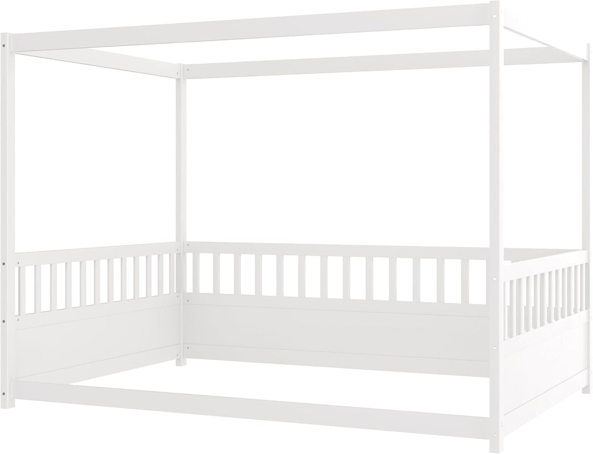 Canopy BedFrame, Wood Montessori House Floor Bed, Canopy Platform Bed for Kids, White no slats