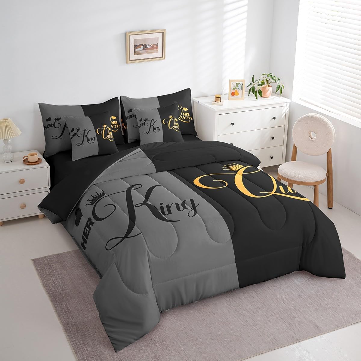 King and Queen Crown Comforter Set, 7 Piece Bed in a Bag, Her King and His Queen Comforter and Sheet Set, Romantic - Set of 7