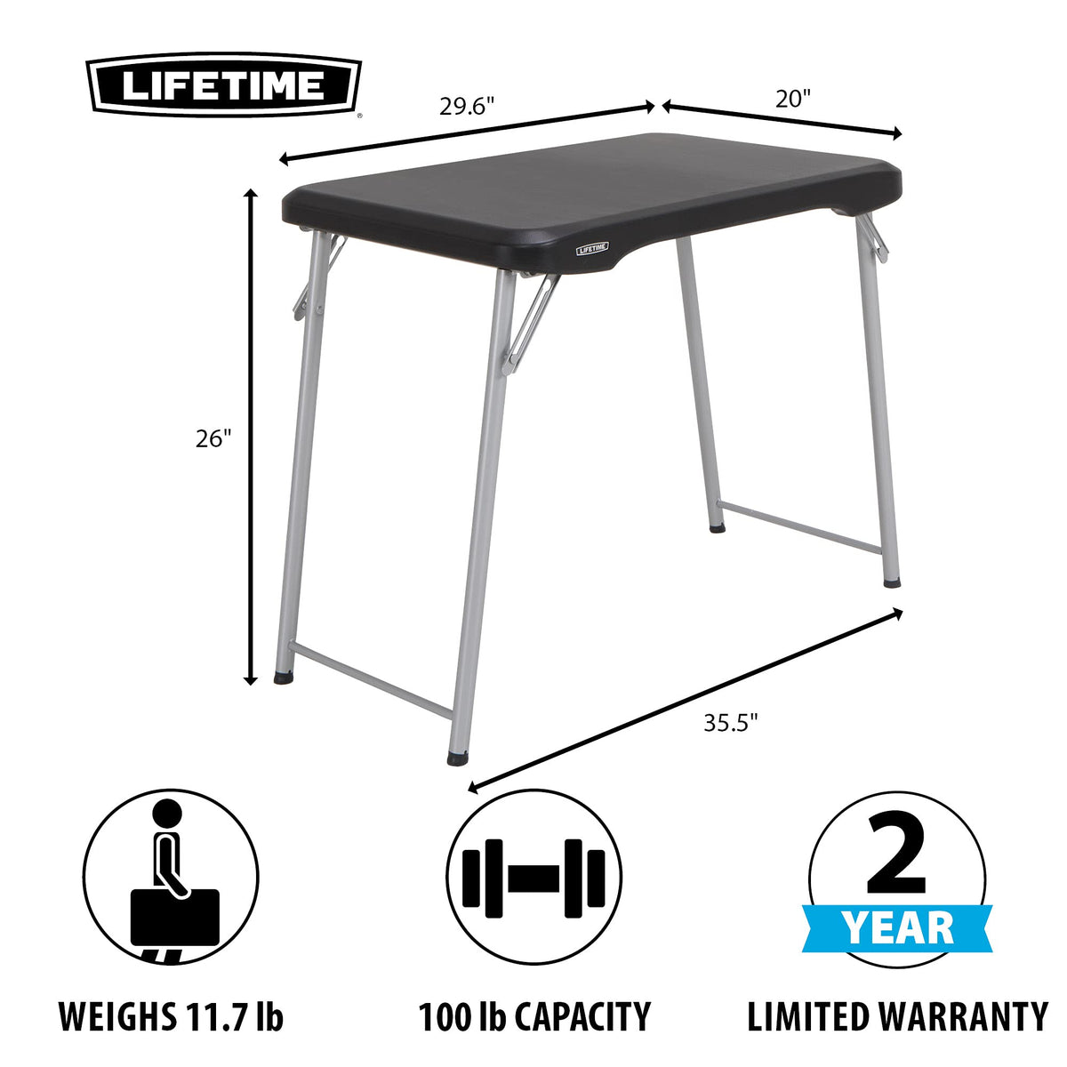 Stacking Compact Folding Table, 30 in. x 20 in., Black and Silver, Indoor/Outdoor