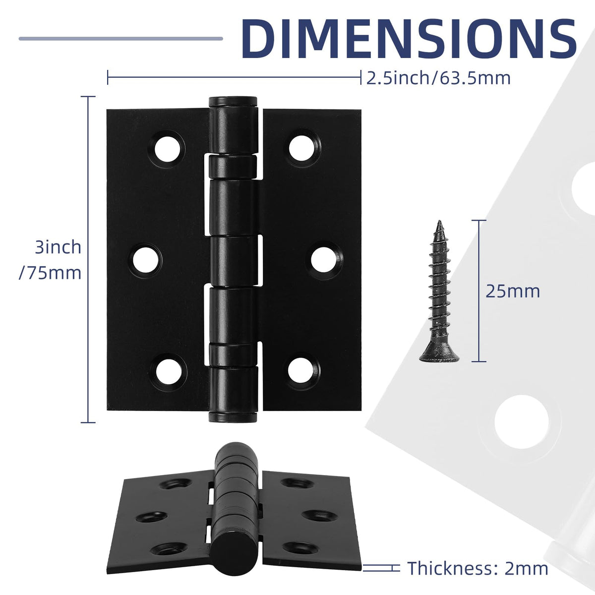 6 Pack Ball Bearing Door Hinges with Square Corners, 3 x 2.5 Inch Heavy Duty Stainless Steel Hinges with Screws for