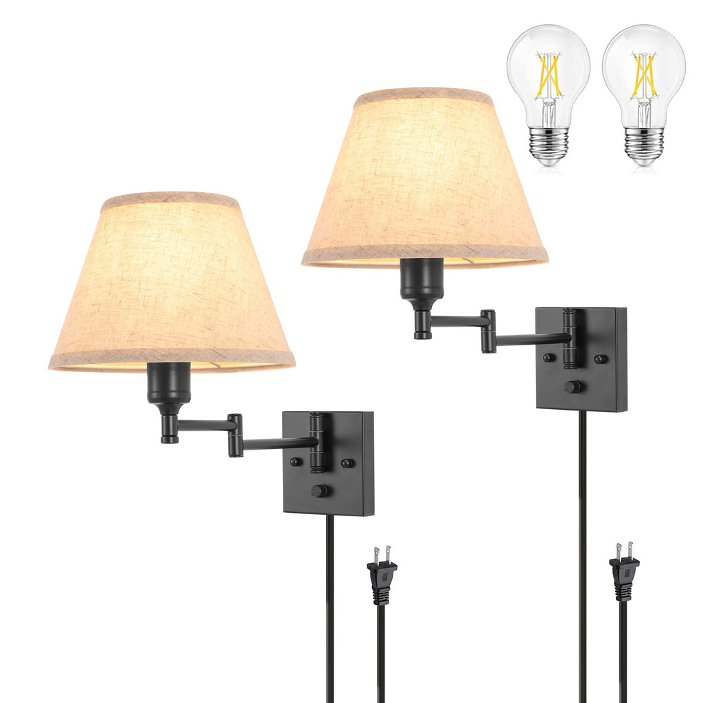 Wall Sconce Plug in, Dimmable Wall Sconces Set of Two Swing Arm Wall Lights with Plug in Cord and On/Off Dimmer