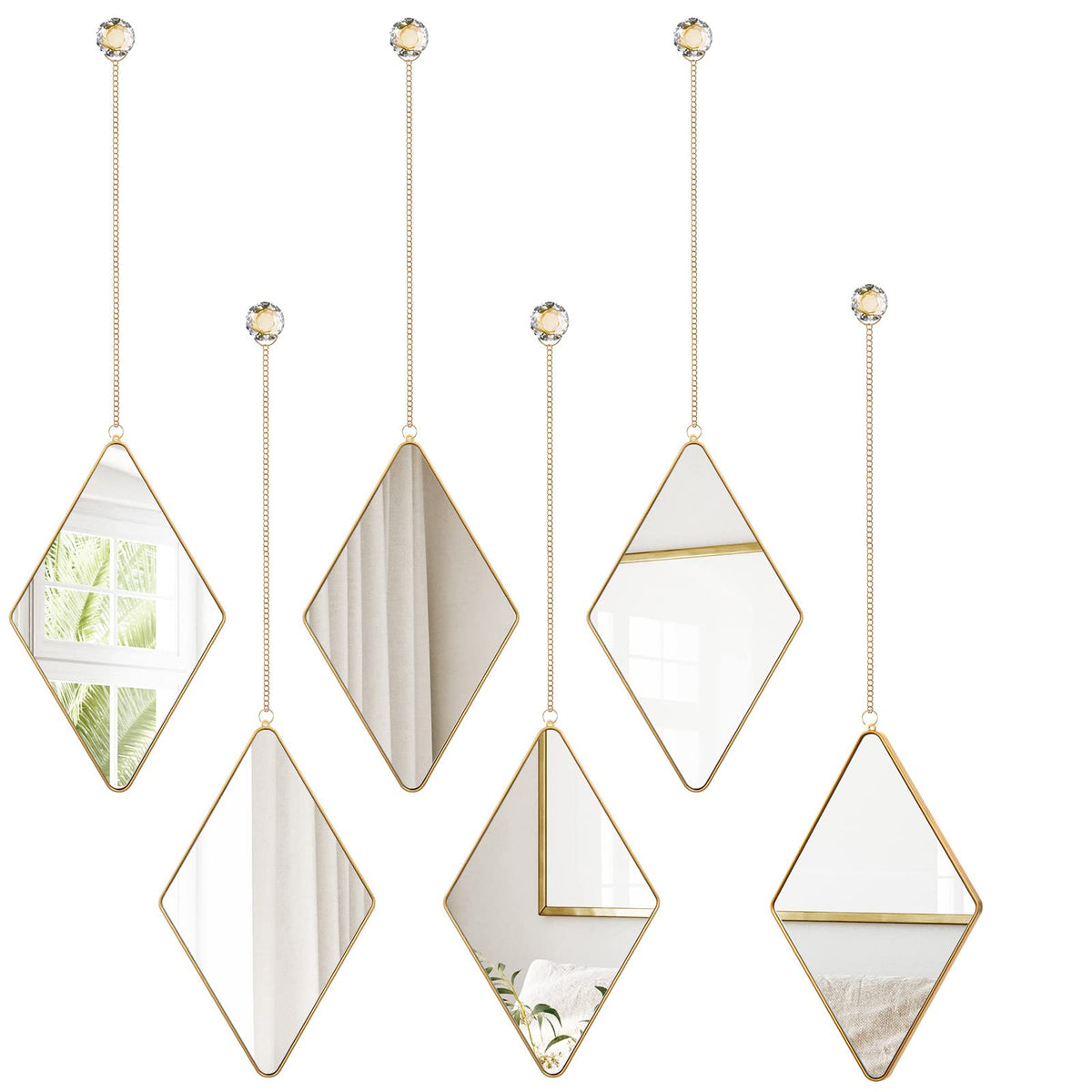 Diamond Wall Mirror Set with Hanging Diamond Handle Chain, Gold