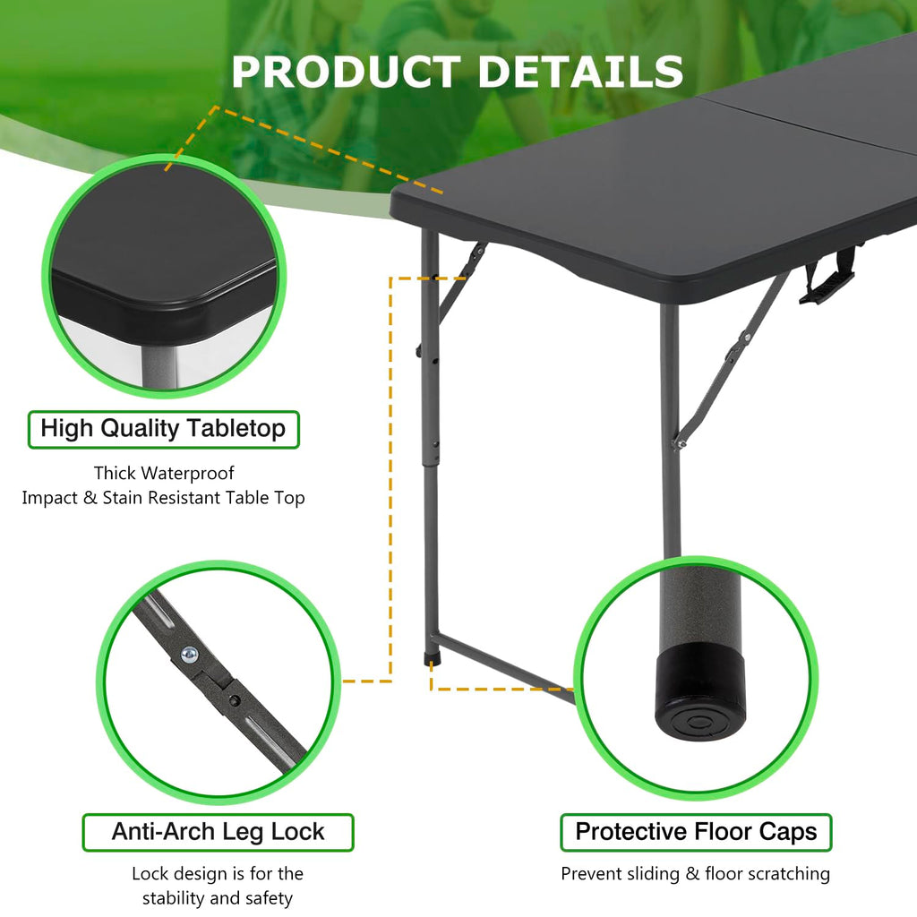 4FT Folding Table | Black | Portable Plastic Table