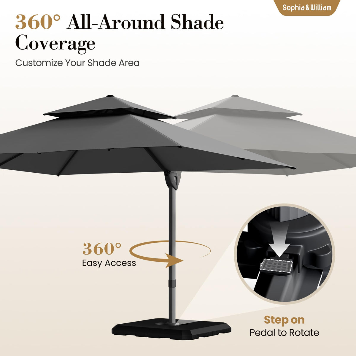 12ft Cantilever Patio Umbrella with Base&360°Rotation Outdoor Offset, Grey