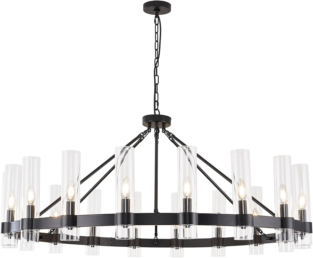Inspired Ravelle Style Black Wagon Wheel Chandelier with Glass Shape Large Farmhouse Chandeliers Lighting,Hanging Ceiling Round Pendant Light Fixtures for High Ceiling (Black + Glass Shape)