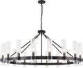 Inspired Ravelle Style Black Wagon Wheel Chandelier with Glass Shape Large Farmhouse Chandeliers Lighting,Hanging Ceiling Round Pendant Light Fixtures for High Ceiling (Black + Glass Shape)