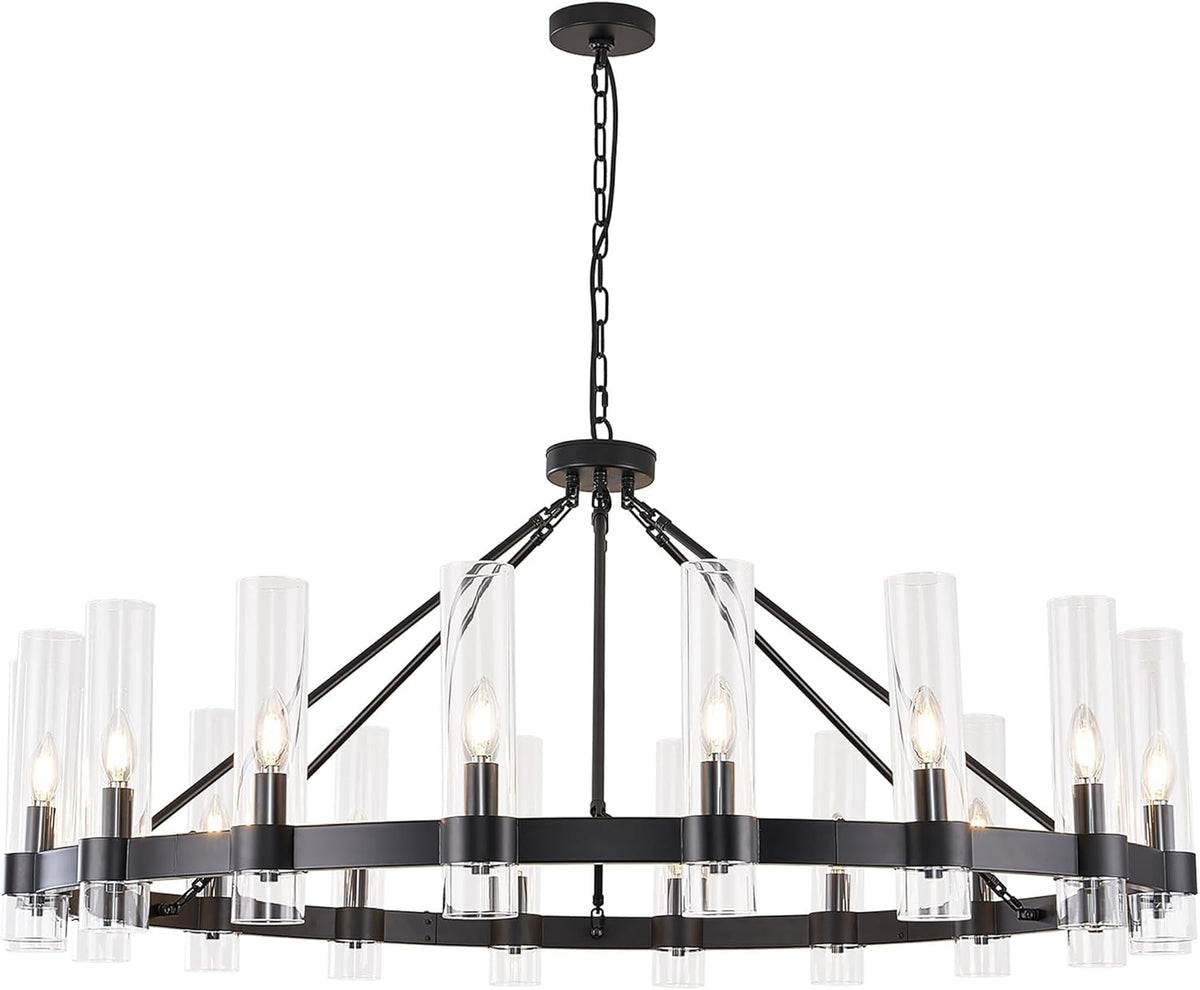 Inspired Ravelle Style Black Wagon Wheel Chandelier with Glass Shape Large Farmhouse Chandeliers Lighting,Hanging Ceiling Round Pendant Light Fixtures for High Ceiling (Black + Glass Shape)
