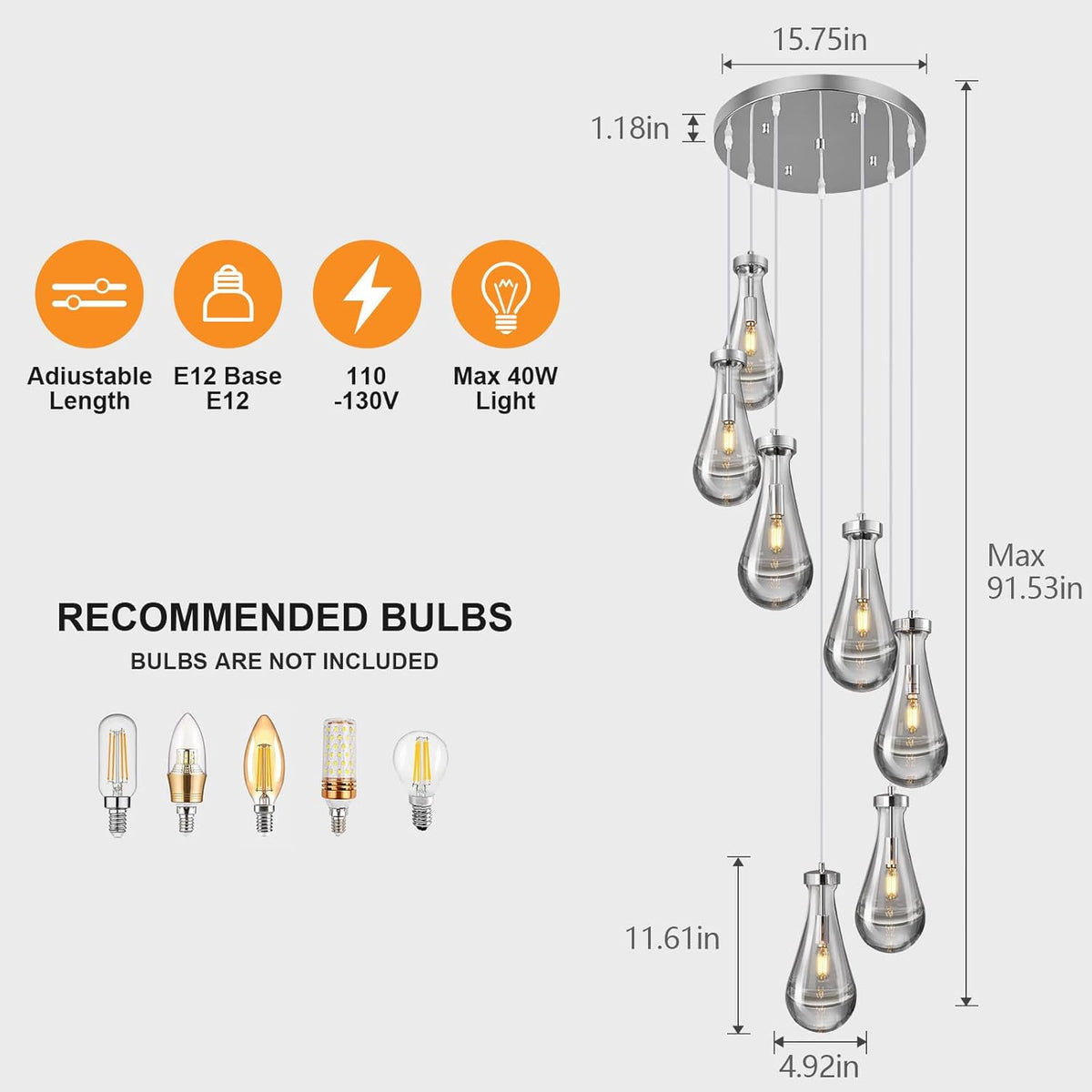 Raindrop Pendant Lights Kitchen Island Teardrop Chrome Hanging Light Fixtures Clear Solid Glass Pendant Light Modern Chandeliers for Dining Room Porch Corridor Living Room (7-Light)
