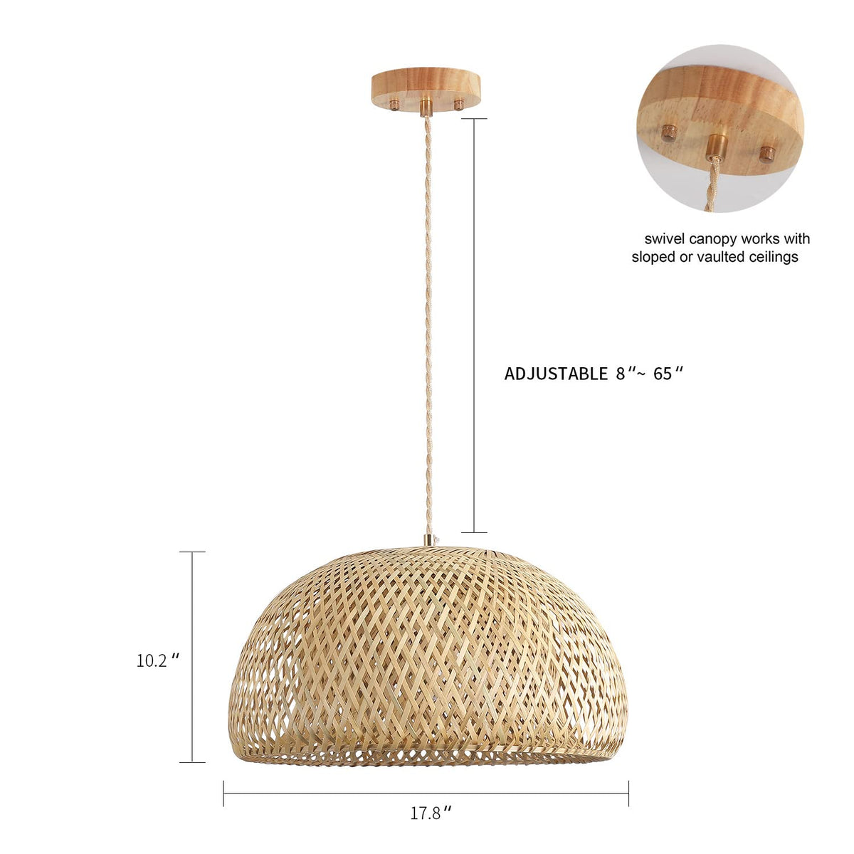 Bamboo Large Pendant Light Fixture 17.8 inch One-Light Adjustable Rustic Basket Handmade Woven Pendant Lighting
