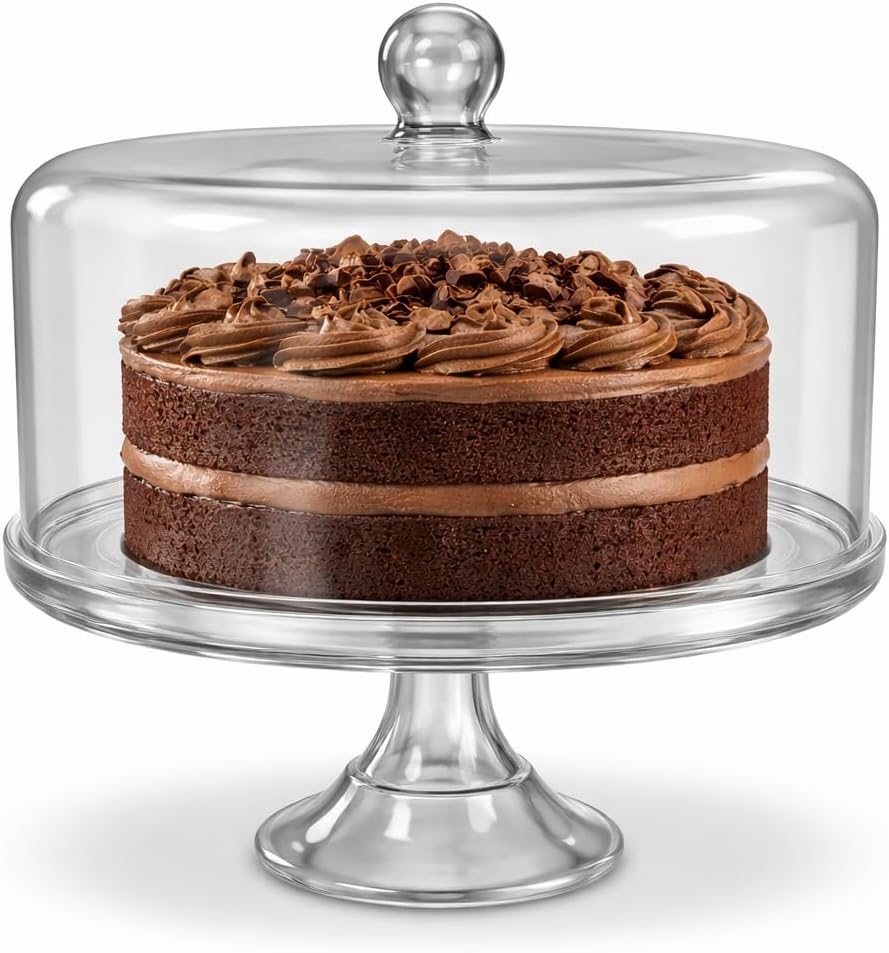 Glass Cake Stand with Dome Cover, Clear Round Pedestal Display, 10.5 Inch Base, 11 Inch Height, Single Tier