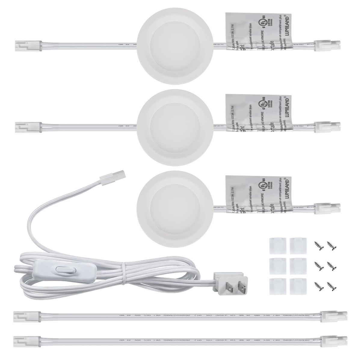 Wired LED Puck Lights (2.7Wx3) Plug-in Lighting Natural White (4000K), LED Cabinet Light Can Be Surface Mount or