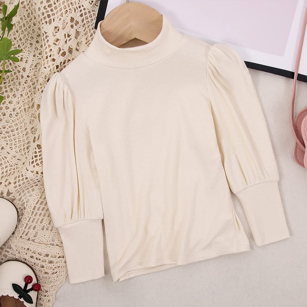 Toddler Baby Girl Basic Solid Color Turtleneck T Shirt Ribbed Knit Top Puff Long Sleeve Soft Cotton