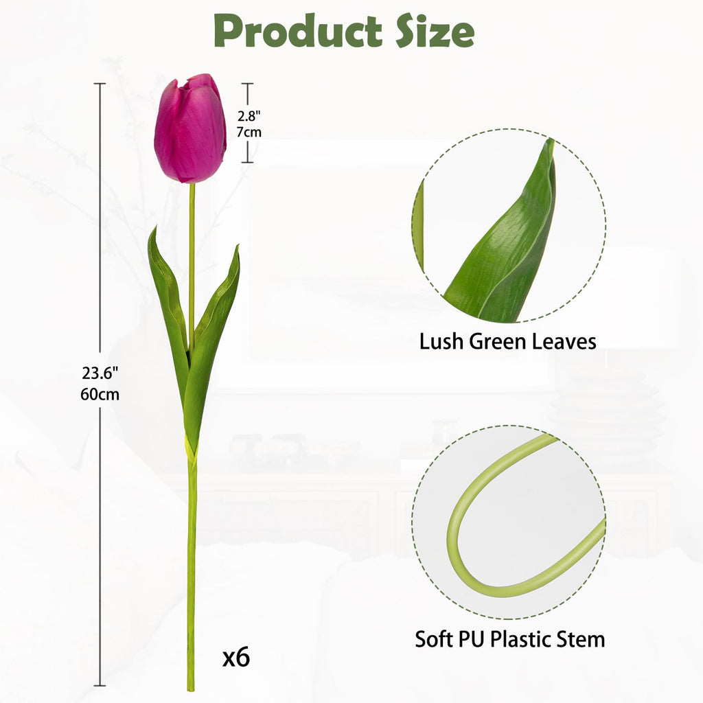 6PCS 23" Fake Tulip Flowers Artificial Fuchsia Tulips Long Stem Faux Flower, Silk Flower Décor for Floral