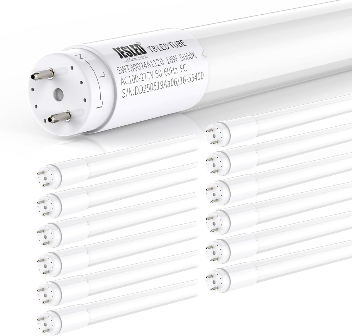 4FT T8 LED Bulbs 12 Pack, 18W 2400LM 5000K Daylight, Type A+B Hybrid