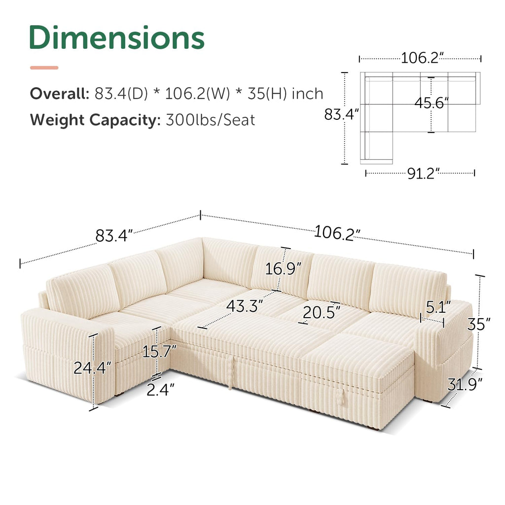 Corduroy U Shaped Sectional Sleeper Sofa with Pull Out Bed, Beige