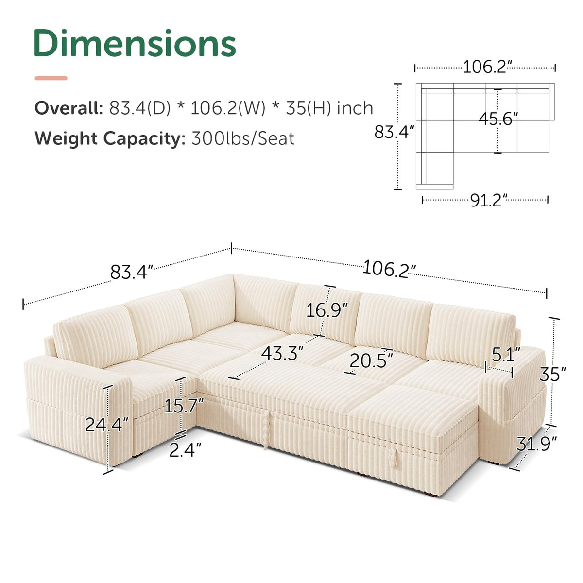 Corduroy U Shaped Sectional Sleeper Sofa with Pull Out Bed, Beige