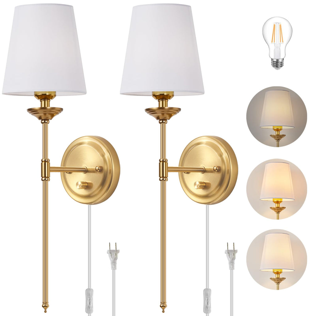 Dimmable Plug in Wall Sconces Set of 2, Gold Bedside Wall Lamp with Knob Dimmer Switch and 6.5FT Electric Cord, Mid