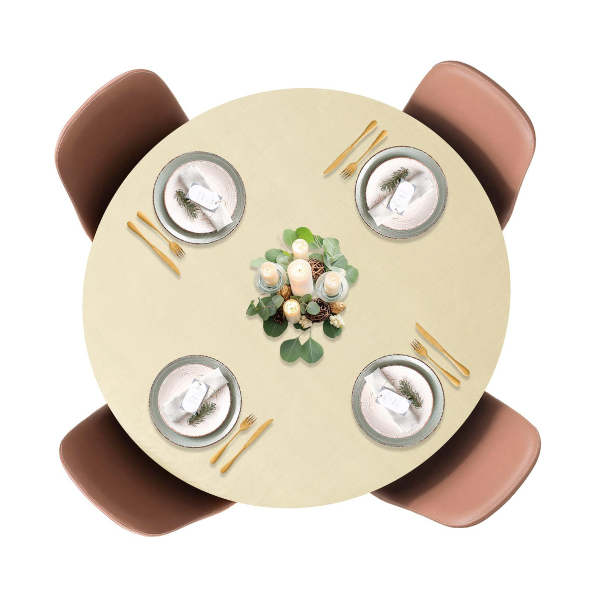 Round Tablecloth, Vinyl, Flannel Backed, Beige, Small