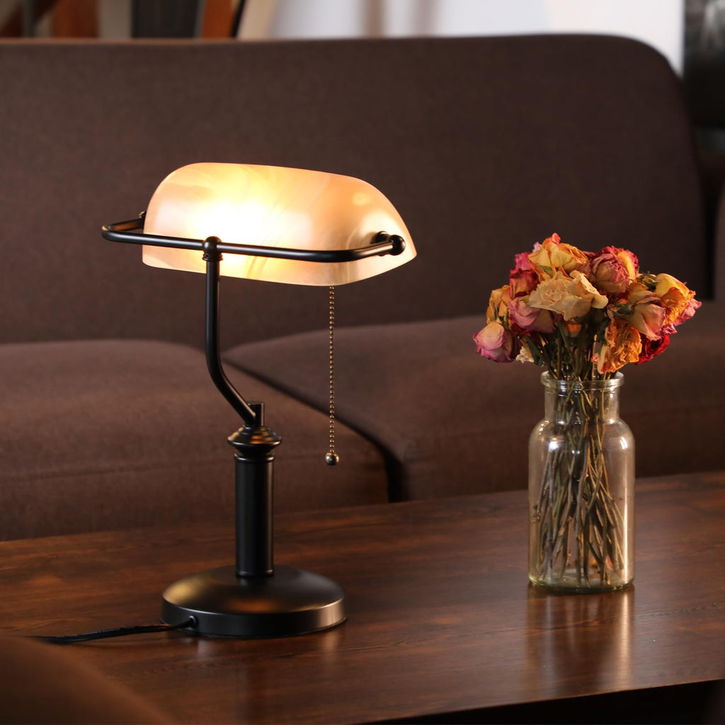 Pale Yellow Glass Bankers Desk Lamp with Pull Chain, E26 Base