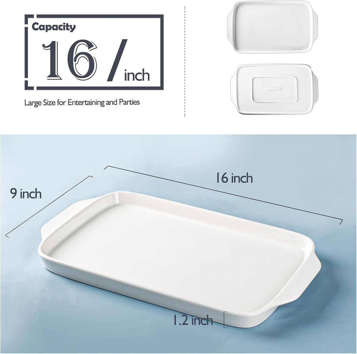Large Serving Platter with Handles 16"x9" - White Porcelain Serving Trays Set of 3, Rectangular Platters for