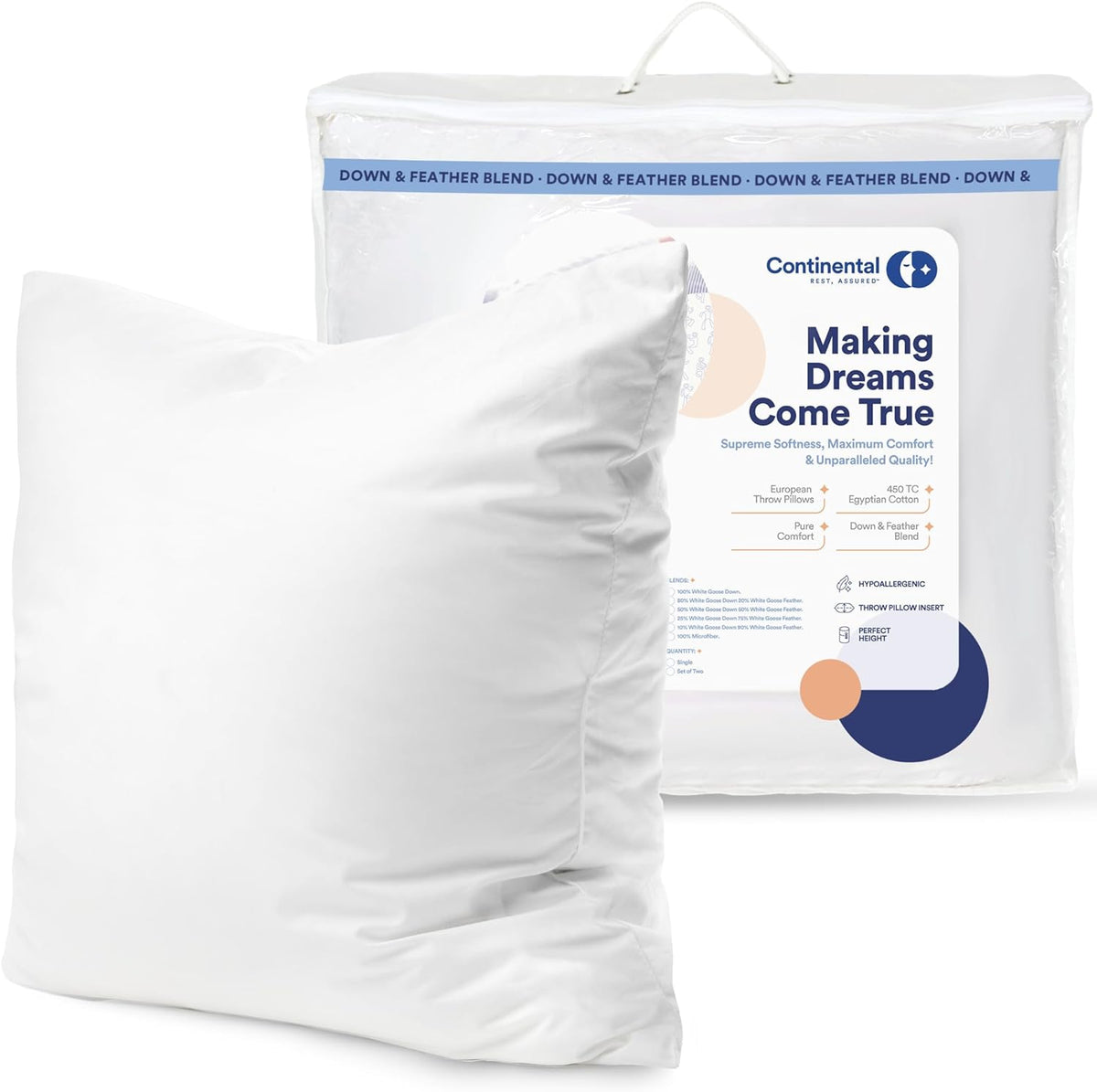 Down & Feather Throw Pillow Insert - 25/75 Medium Support - Decorative Couch Pillow - Premium Cotton Shell- 22x22 1