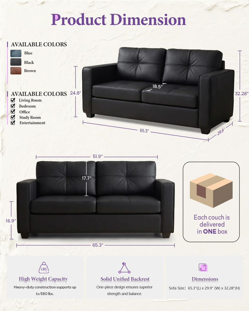 Black Faux Leather Sectional Couch, 3-Piece Sofa Set