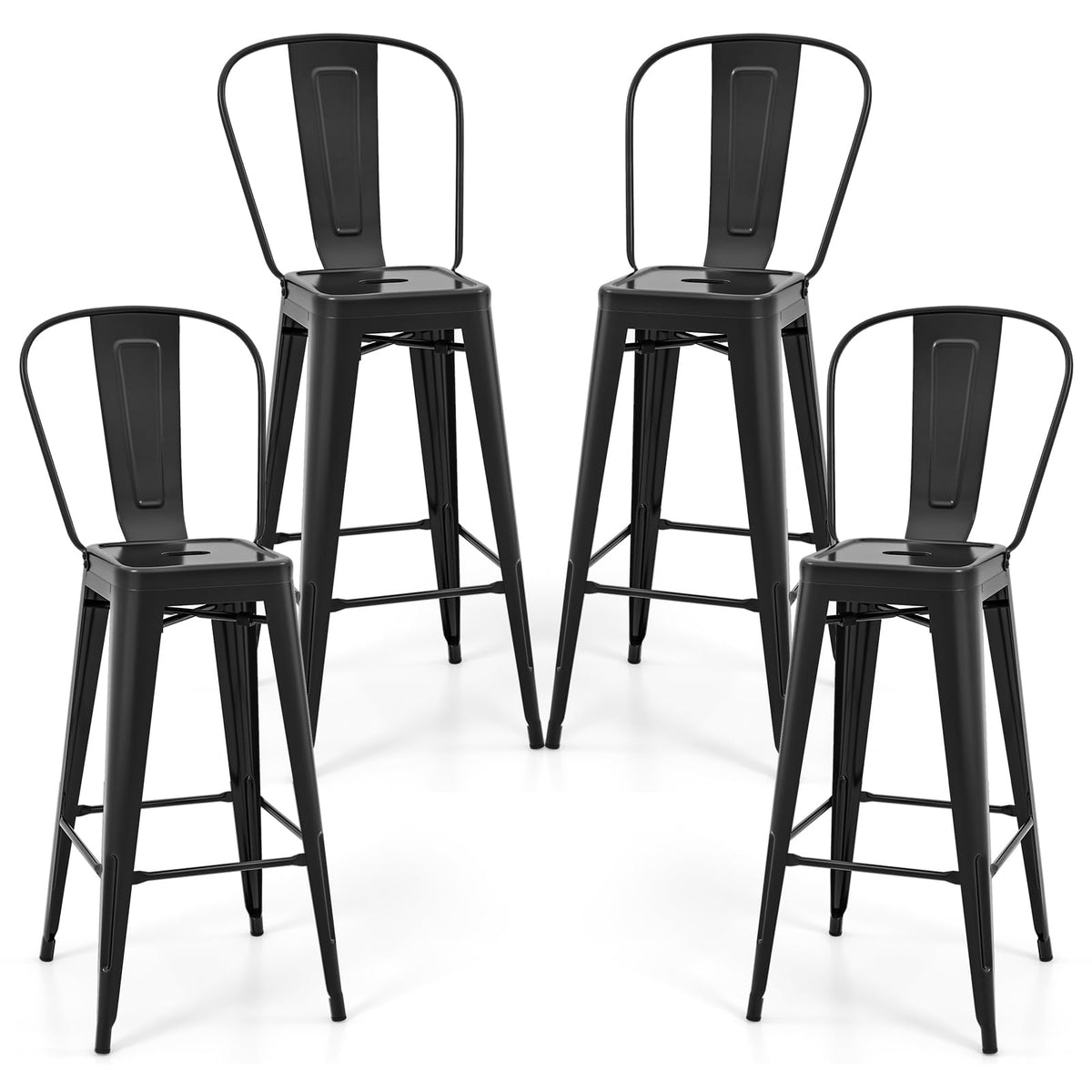 30 Inch Stackable Metal Bar Stools Set of 4 with High Backs, Black