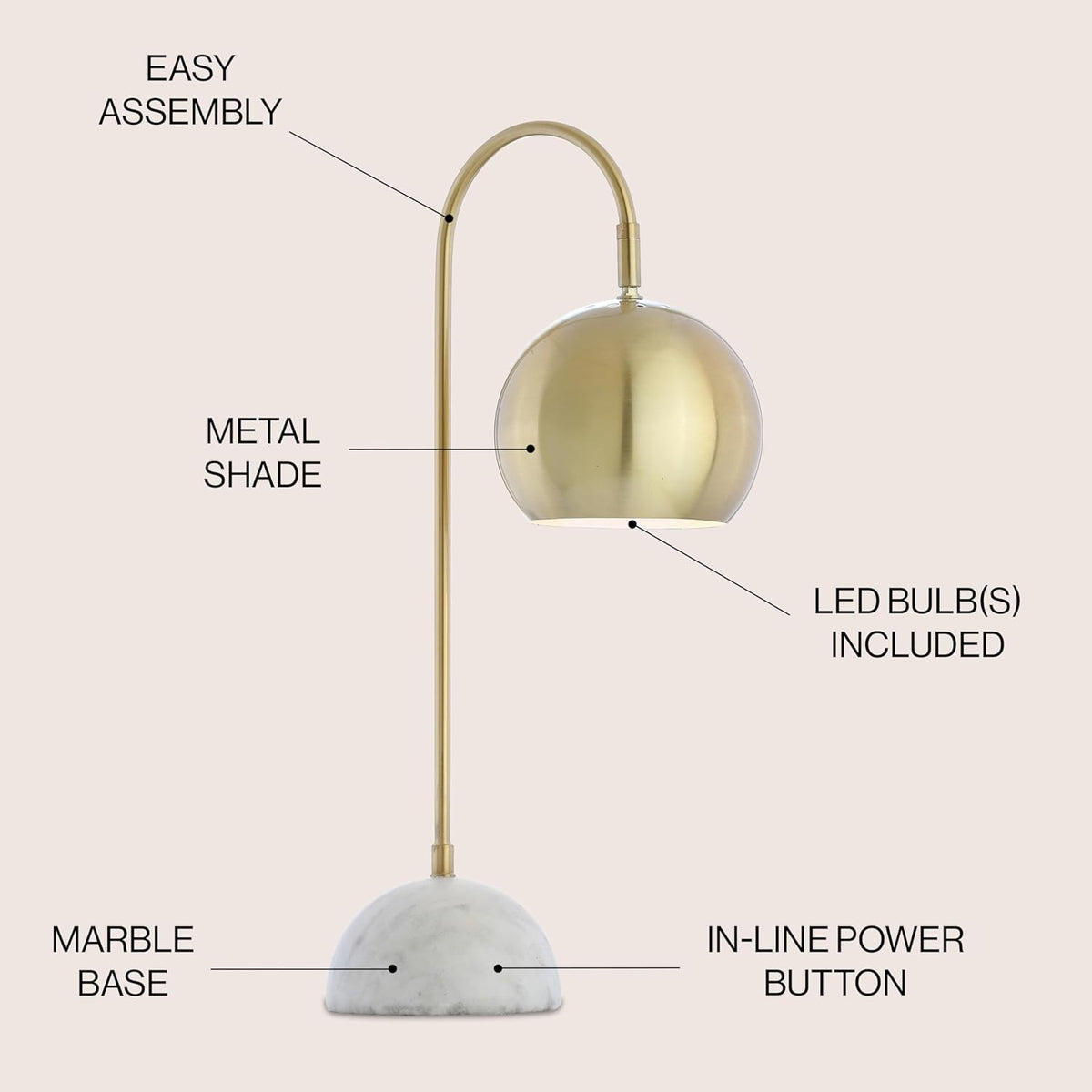23.5" Brass Gold and White Stephen Metal and Marble LED Table Lamp, Modern Arched Task Lamp Bedroom Office