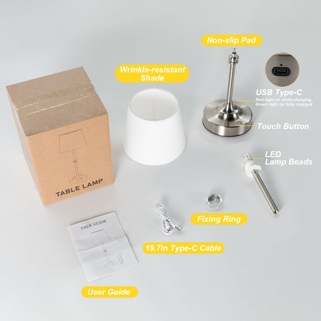 Rechargeable Cordless Table Lamp Silver - 1 Pack 4000mAh Battery Operated Lamp, 3000K Warm Light, Touch Control