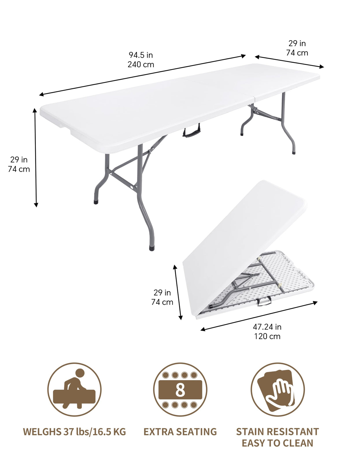 8ft Folding Table, Heavy Duty White Large Portable Foldable Table