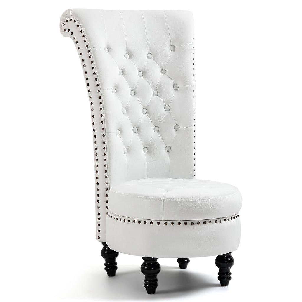 High Back Velvet Throne Chair with Storage & Nailhead Trim, White