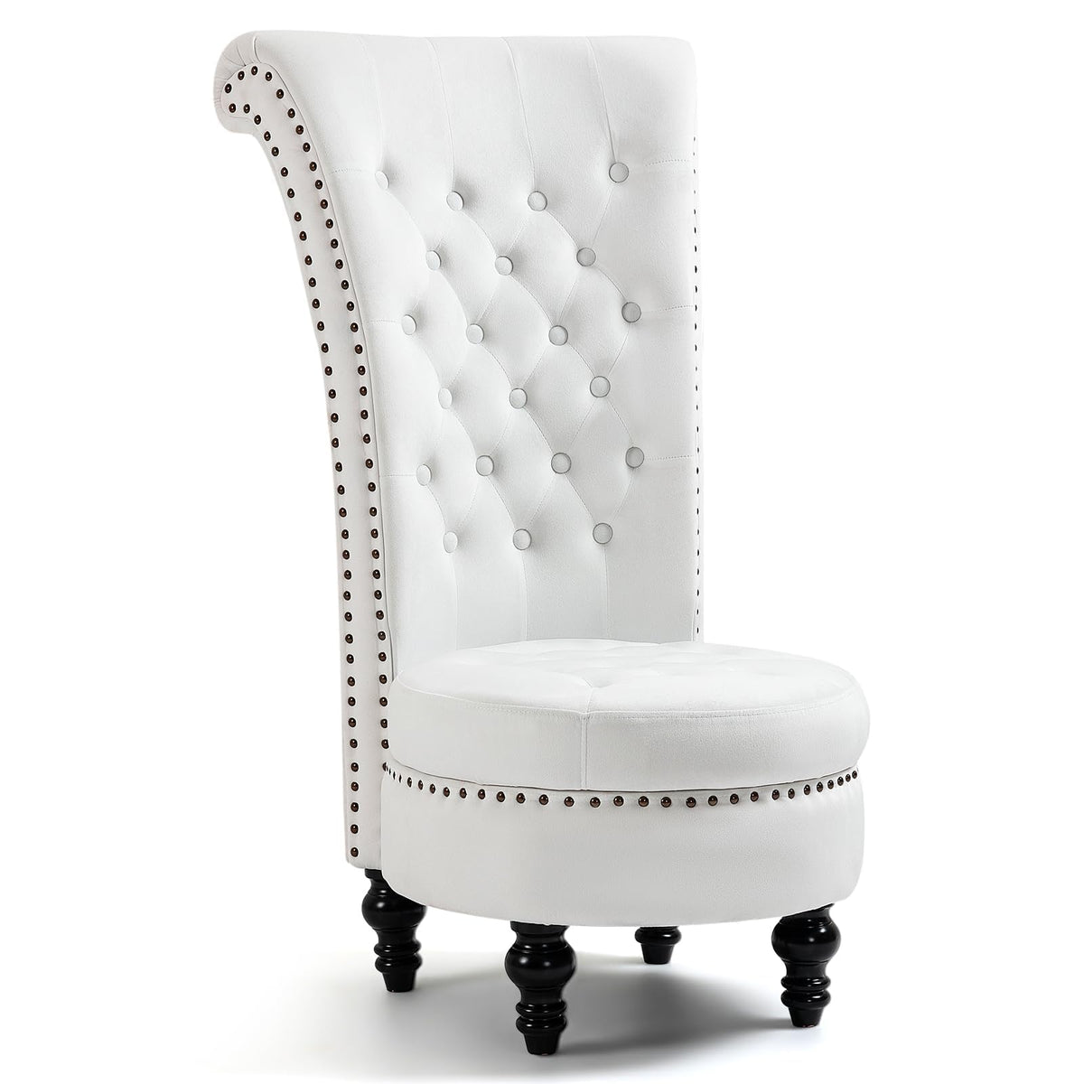 High Back Velvet Throne Chair with Storage & Nailhead Trim, White