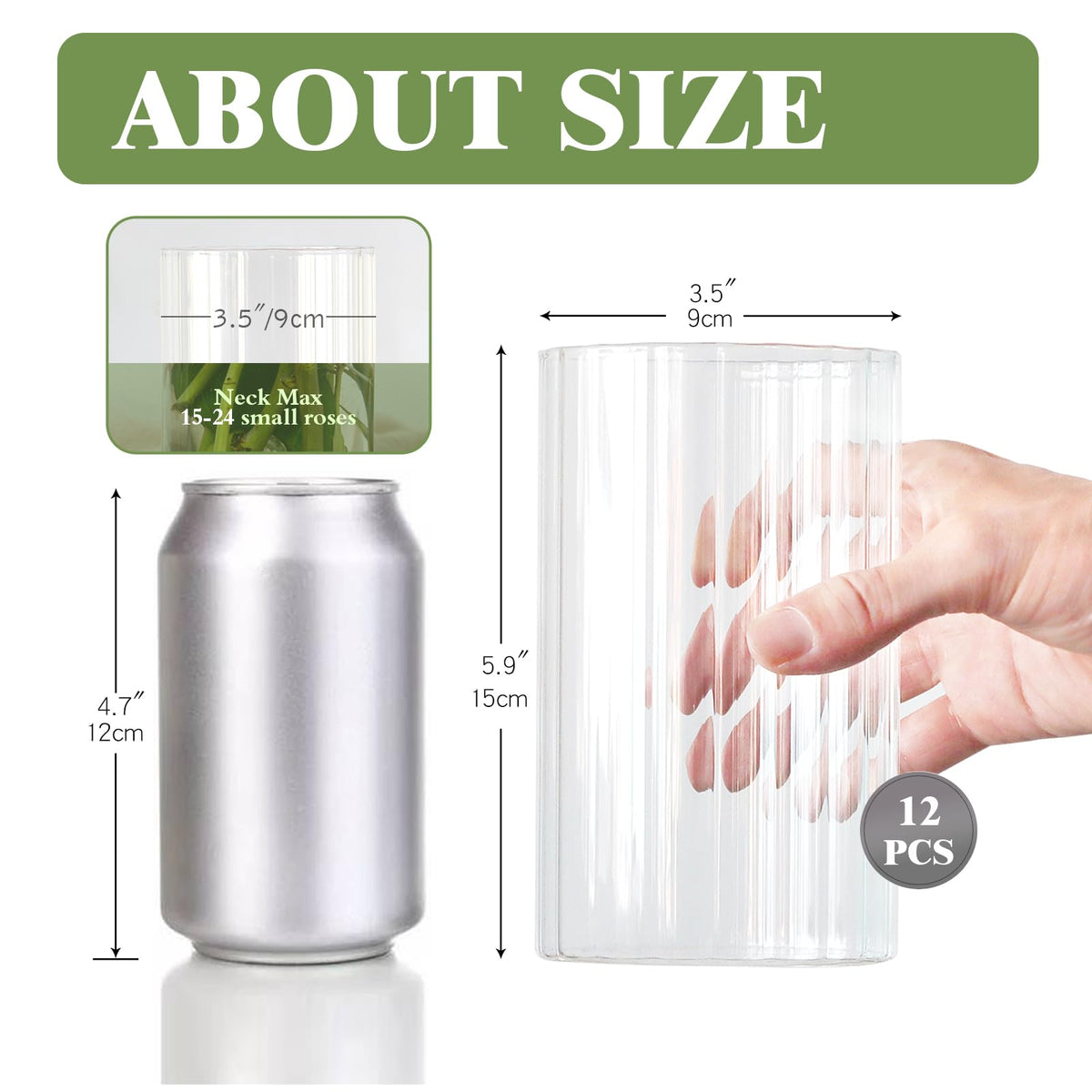 12Pcs Glass Cylinder vases for Centerpieces, 6 Inches Clear Ribbed Bud Vases for Wedding Decorations, Floral Vase Bulk