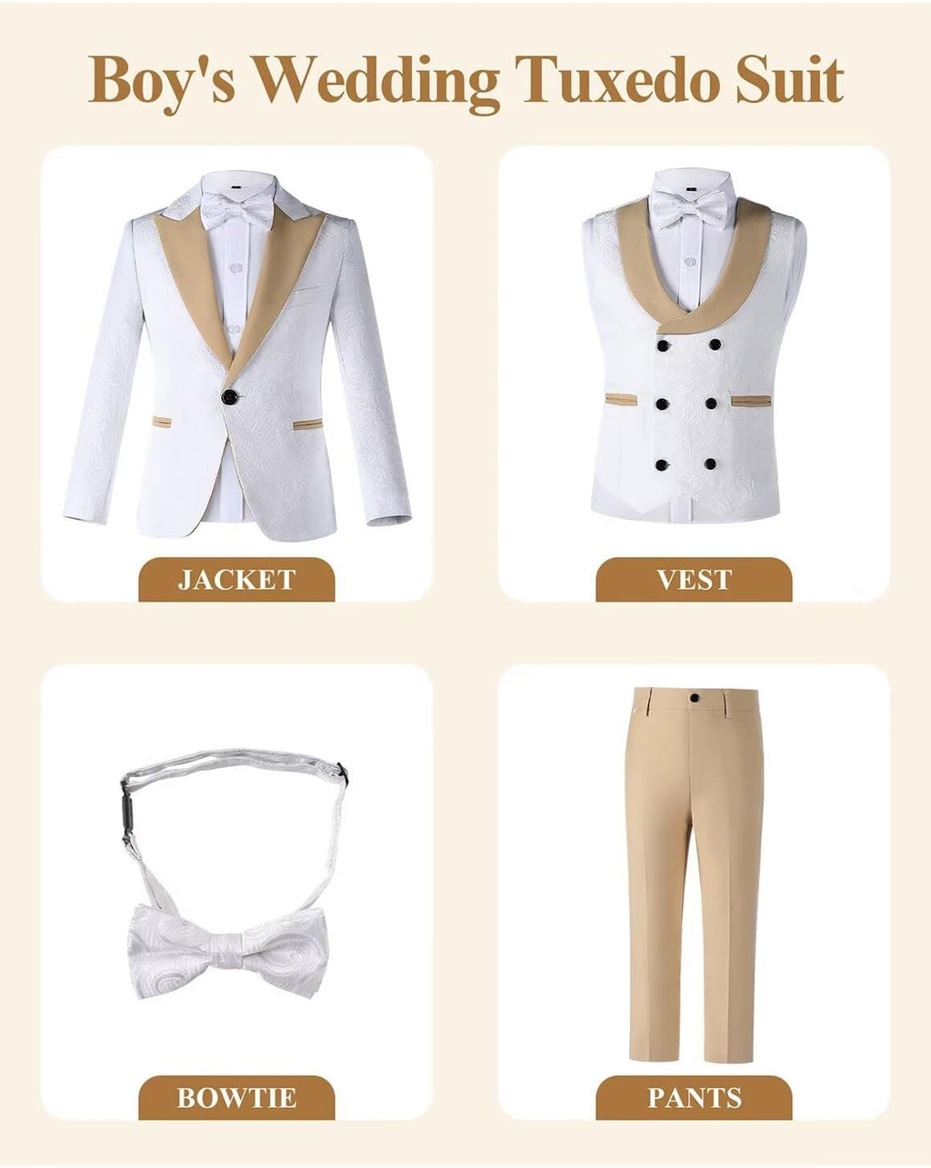 Boys Tuxedo Suit Slim Fit Jacquard Dress Suits for Kids 4 Piece Set