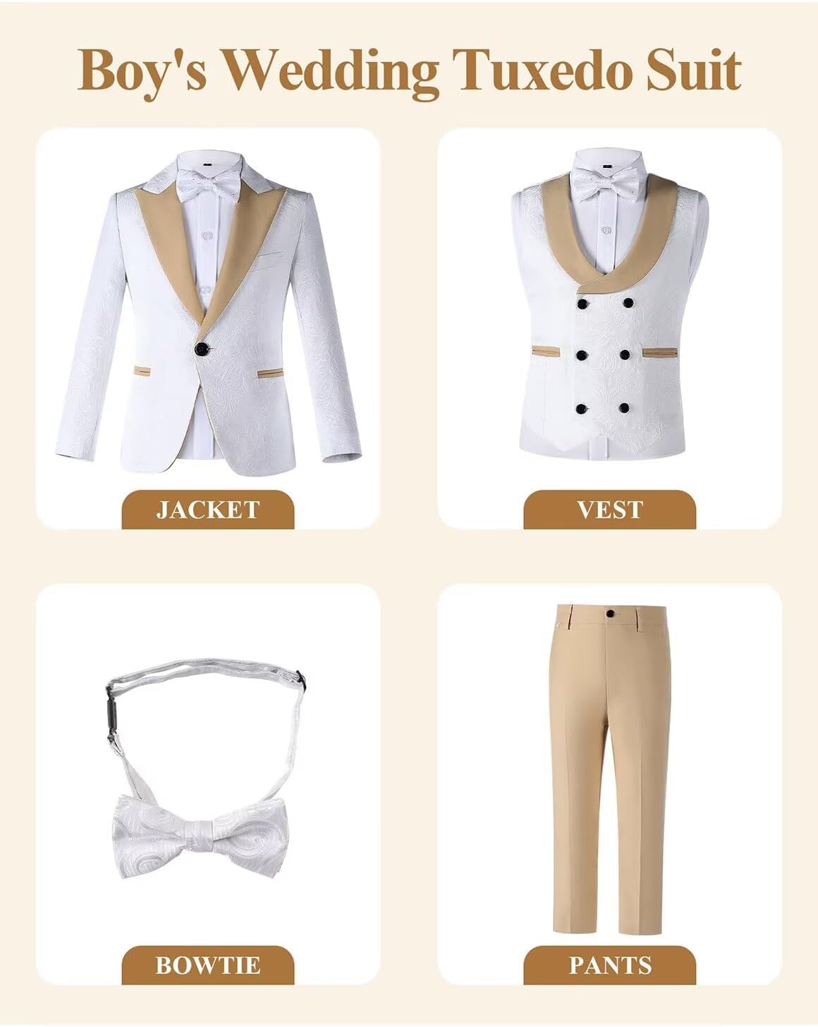 Boys Tuxedo Suit Slim Fit Jacquard Dress Suits for Kids 4 Piece Set