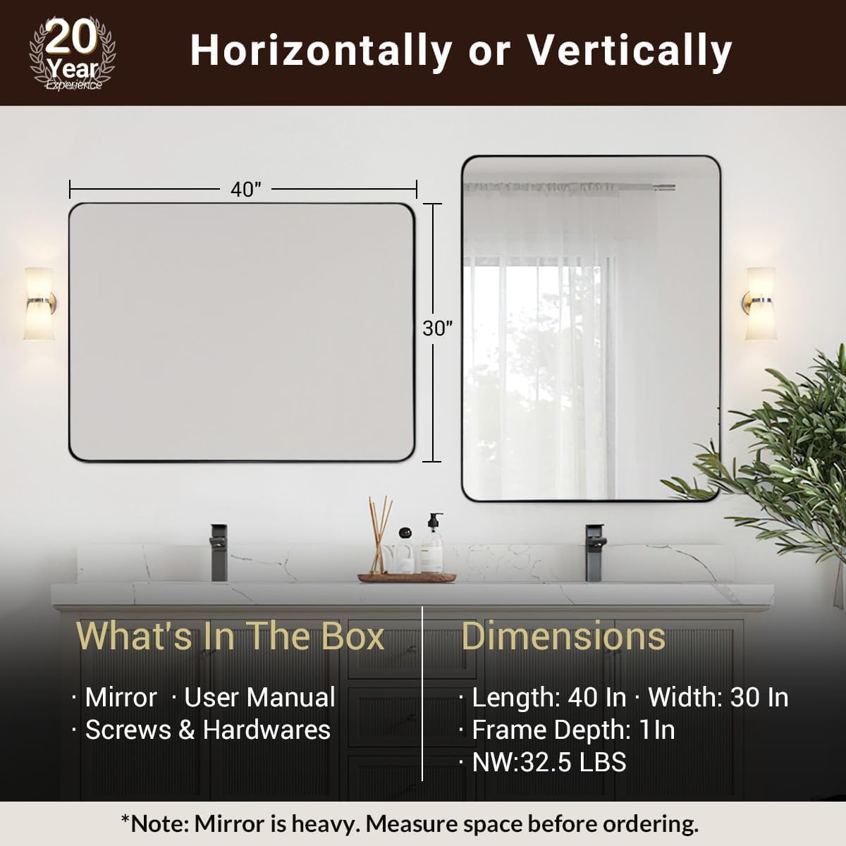 Wall Mirror, 30"x40" Black Bathroom Mirror, Modern Rounded Rectangle Metal Frame Mirror for Vanity, Matte Stainless