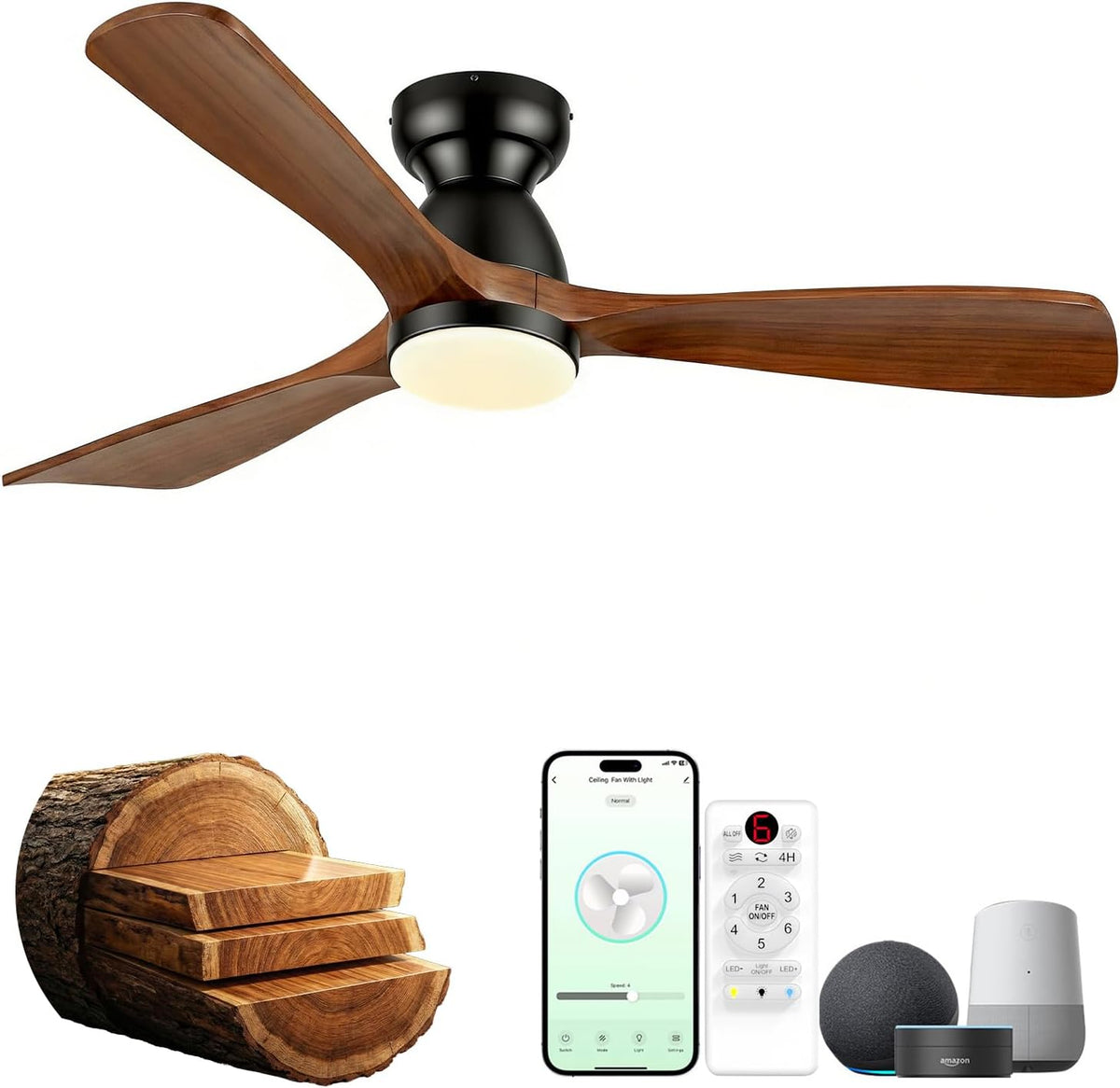 60 Inch Flush Mount Ceiling Fan with Light, Low Profile Smart Ceiling Fan with 3 Solid Walnut Wood Blades, Dimmable LED, Reversible Quiet DC Motor, Alexa App & Remote Control, Indoor Outdoor, Dark Walnut