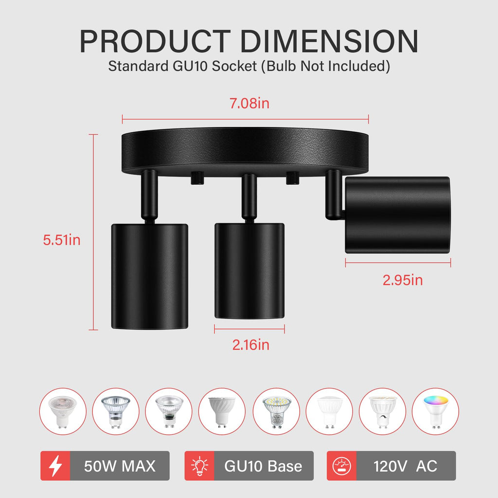 LED 3 Light Track Lighting Kit, LED Track Lighting Fixtures, Black Round Ceiling Spot Lighting, Flexibly Rotatable