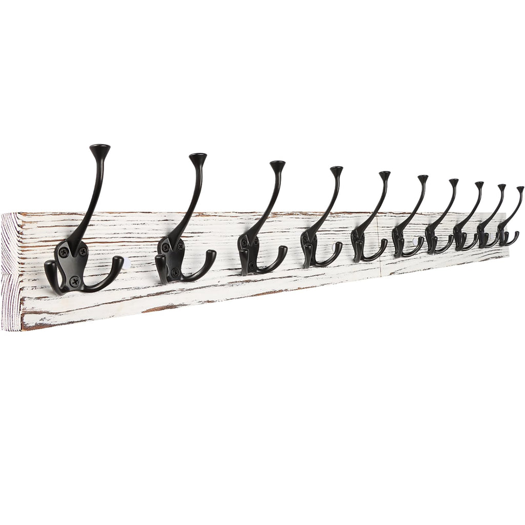 Vintage White Wall Mounted Coat Rack, 34" Long with 10 Tri-Hooks