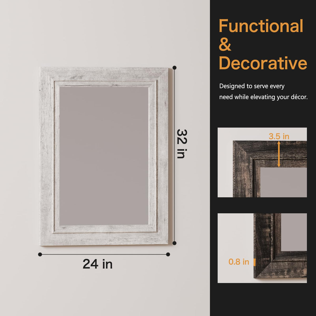 Rustic Wall-Mounted Vanity Mirror, Solid Wood Frame Bathroom Mirror, Farmhouse Style, Horizontal/Vertical Hanging