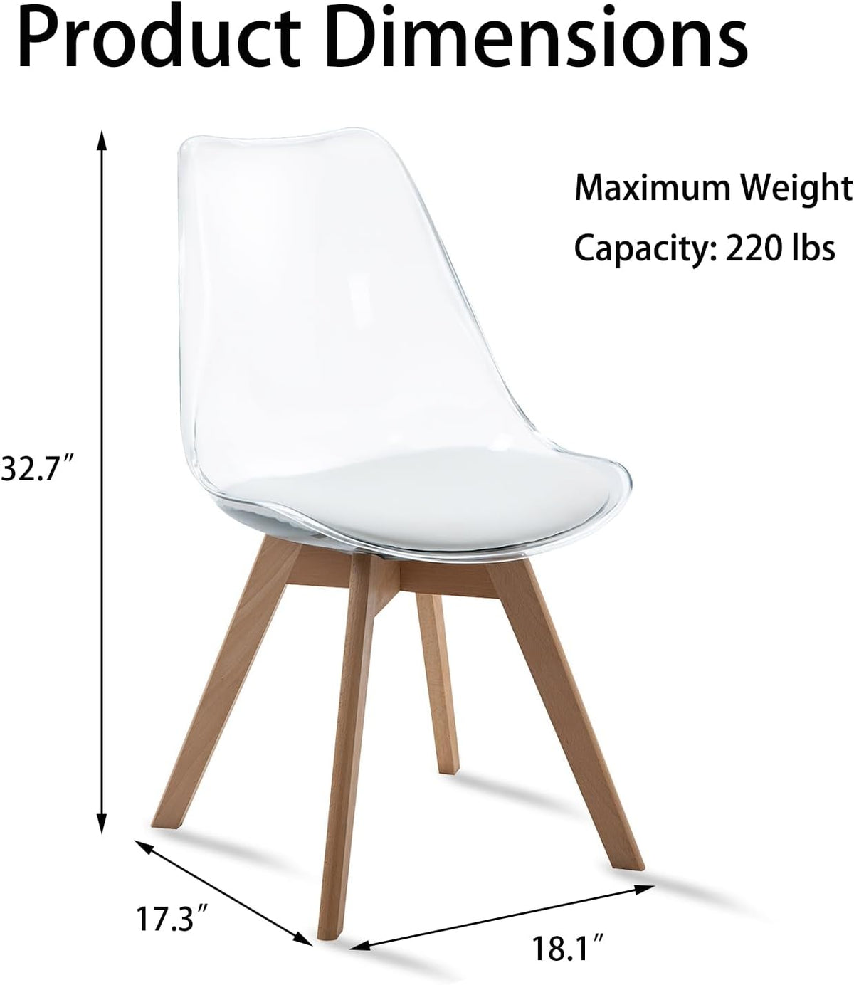 Clear Dining Chairs Set of 2, Modern Acrylic Dining Chair Transparent Chairs with PU Leather Cushions Seat & Wood Legs
