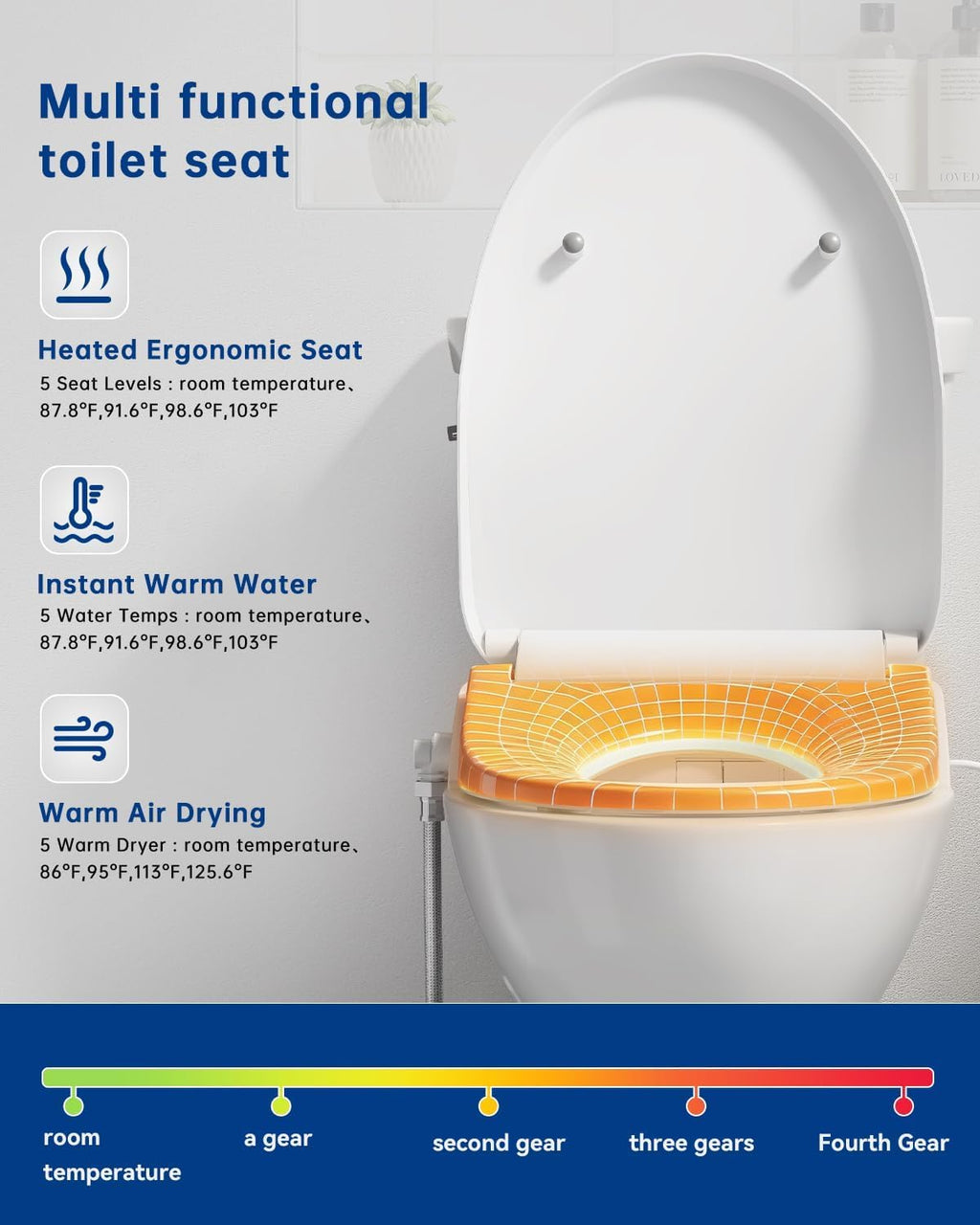Heated Elongated Smart Bidet Toilet Seat with Feminine Wash and Air Dryer, Adjustable Water Temperature, Pressure and Nozzle Position, Soft-Close Lid