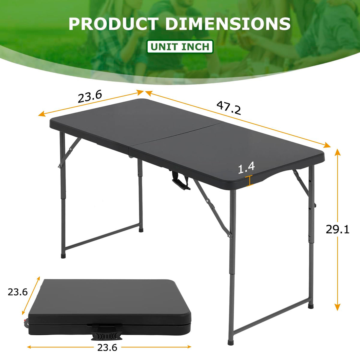 4FT Folding Table | Black | Portable Plastic Table