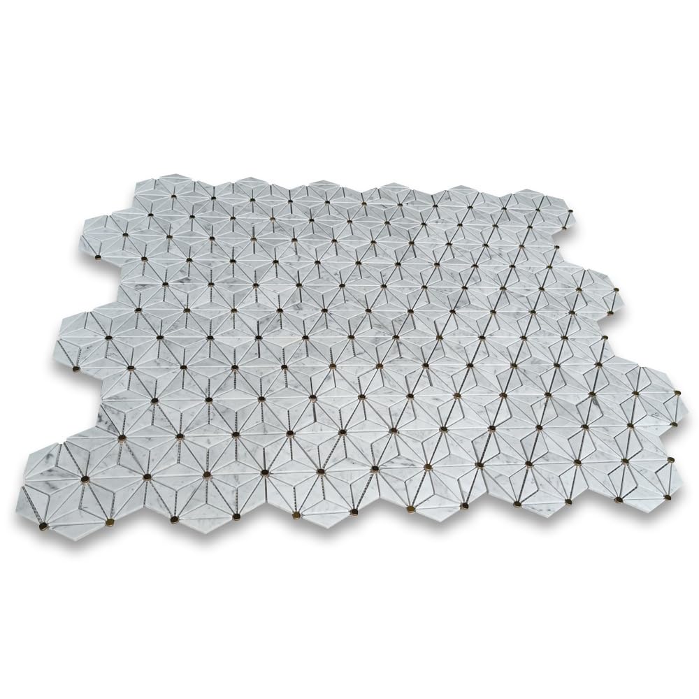 Carrara White Marble 1.5x2.5 Rhombus Triangle Geometric Mosaic Tile w/Round Brass Dots Polished Kitchen Bath Wall