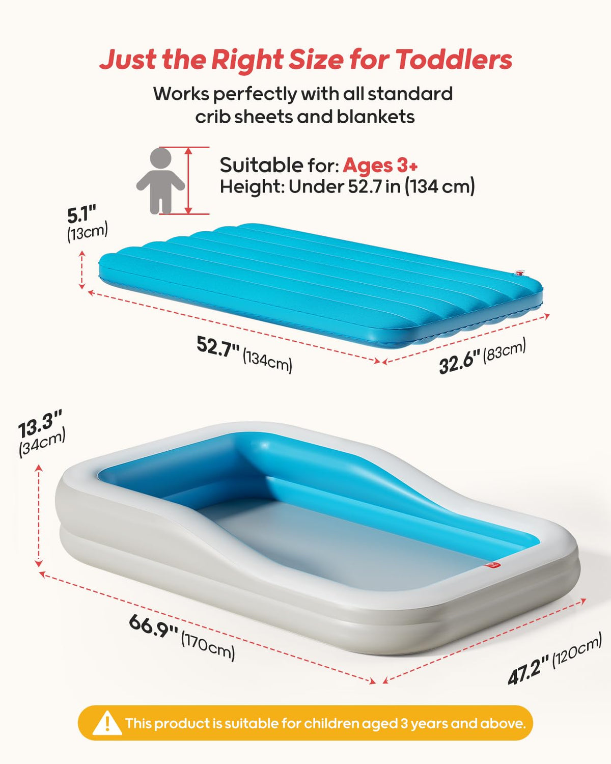 Inflatable Toddler Travel Bed with 3-Sided, Extra Large, Blue