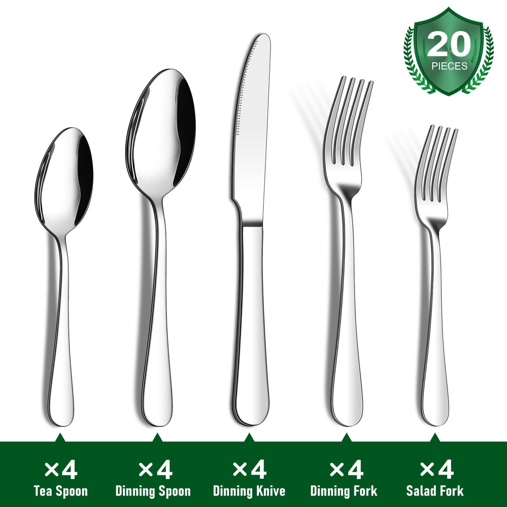 20 Piece Silverware Flatware Set, Stainless Steel Cutlery Set for 4