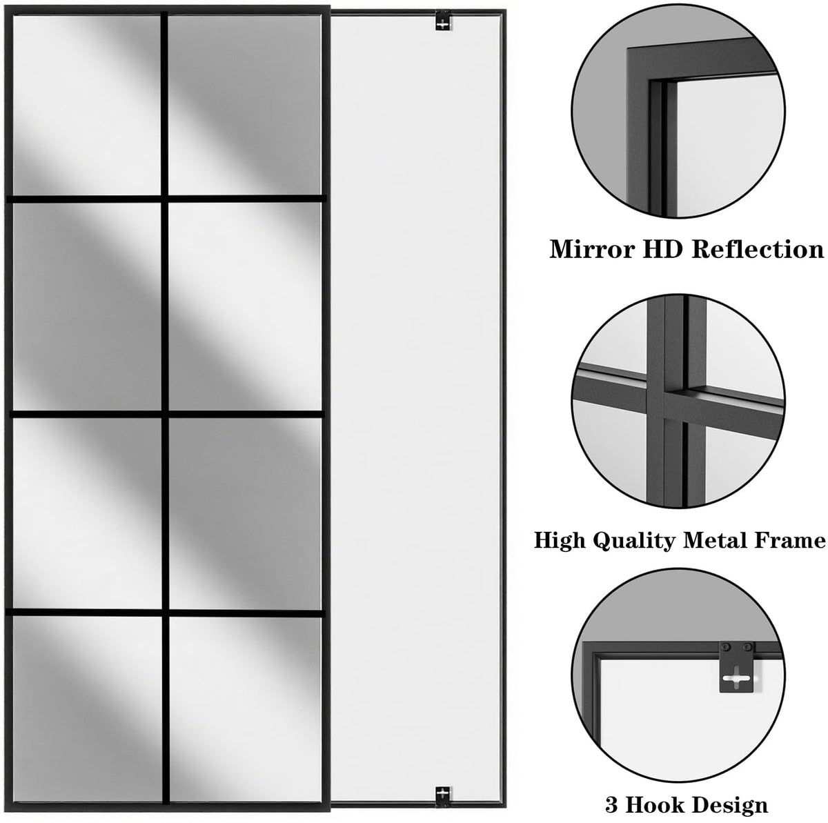 Full Length Mirror, 56"x22" Standing Windowpane Wall Mirror (Black)